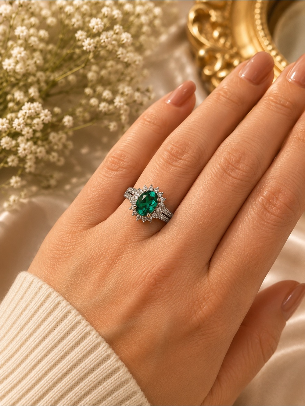 New Emerald Green Oval Halo Statement Ring Silver Tone Size 7 - Picture 5 of 6